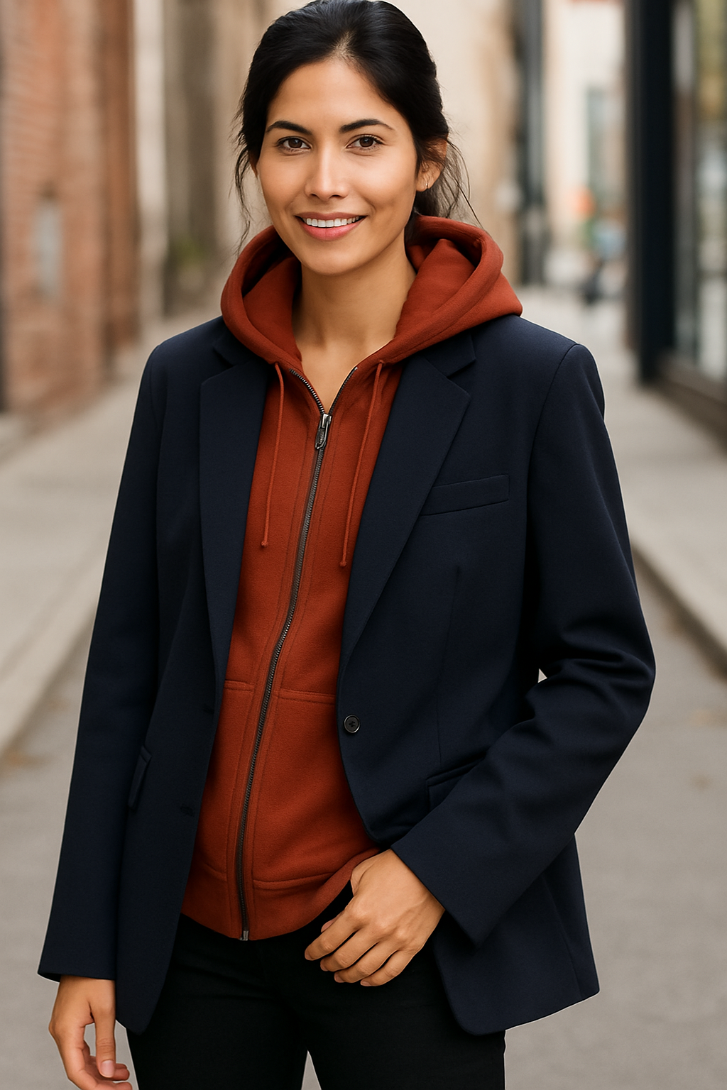 minimalist hooded layer under blazer for professional workwear