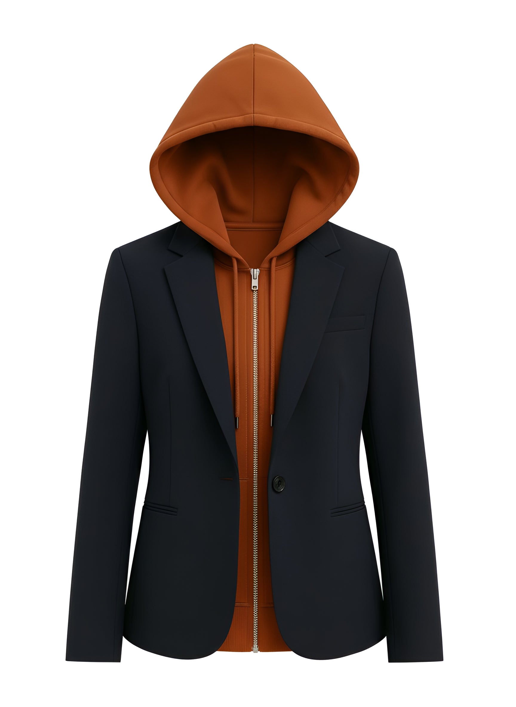 Lena Hoodie Insert styled under blazer — elevated street-style layering.