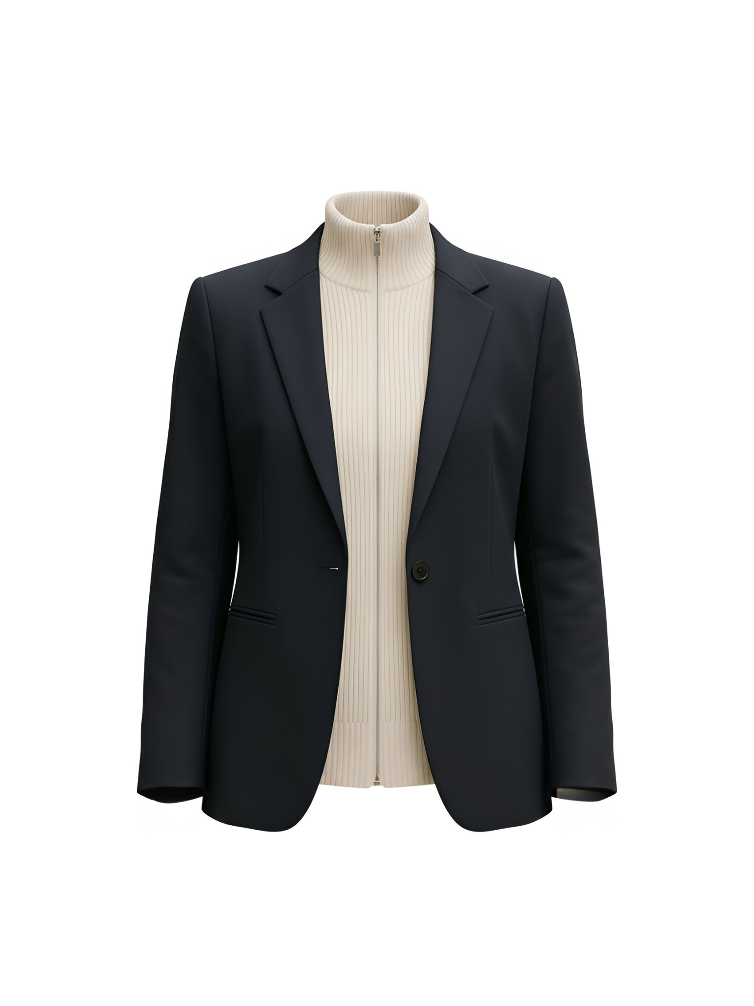 Close-up of knit front zip panel — textured knit with minimalist zipper.