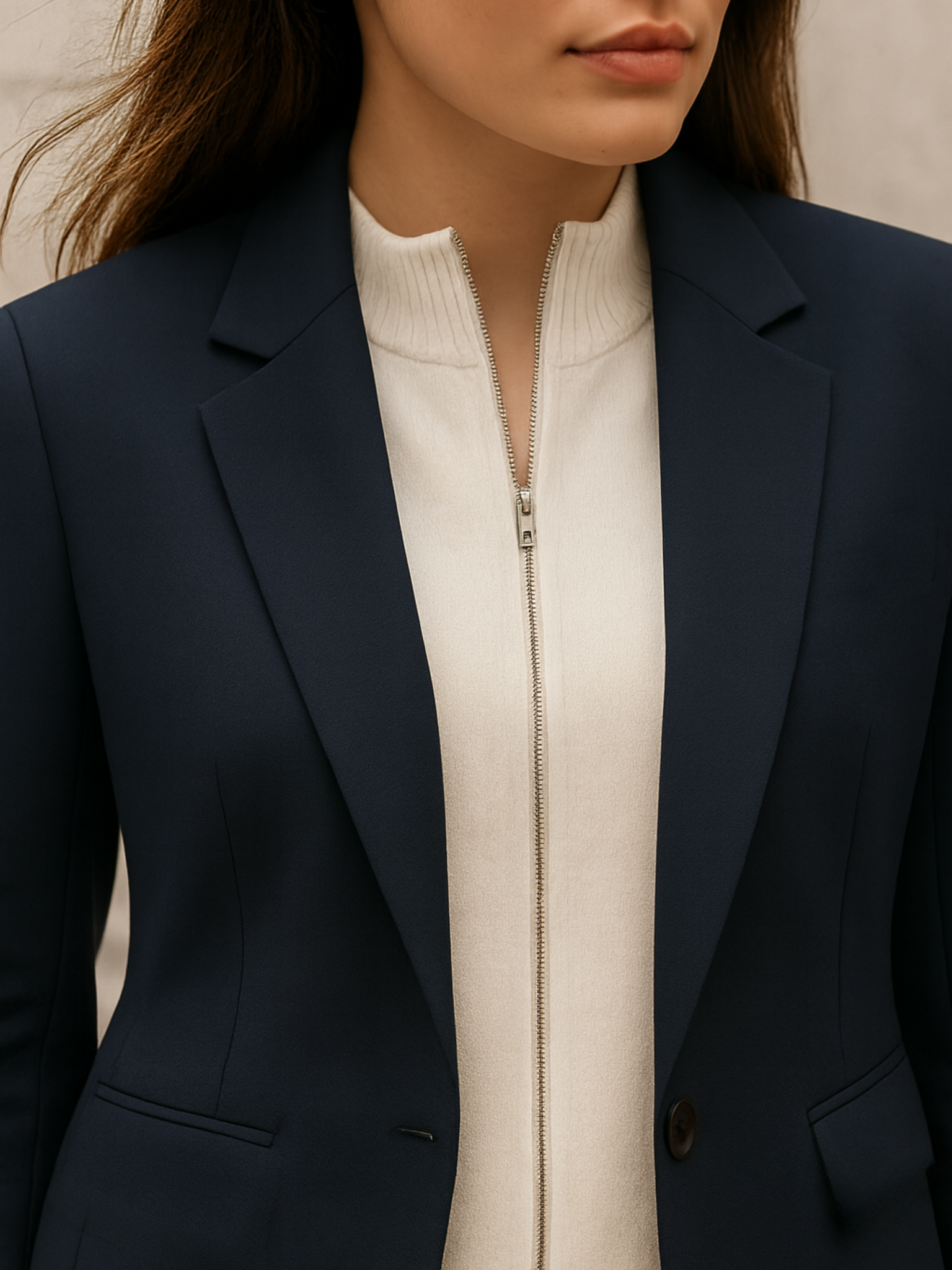 Close-up of knit front zip panel — textured knit with minimalist zipper.