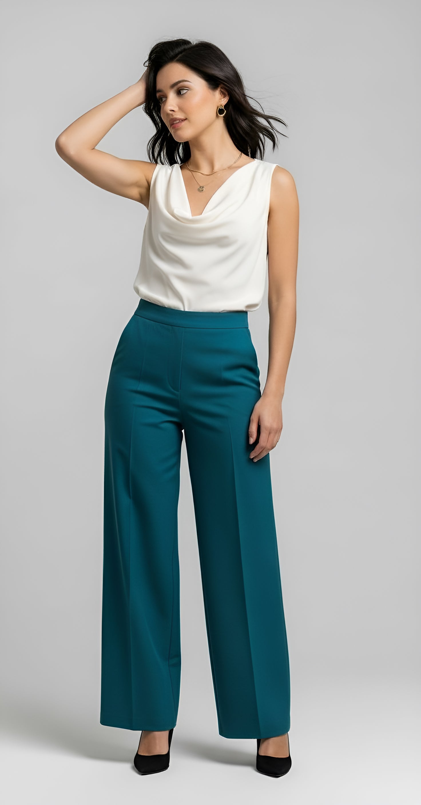 Sophia Wide-Leg Pant styled with blazer — modern, elevated workwear trousers.