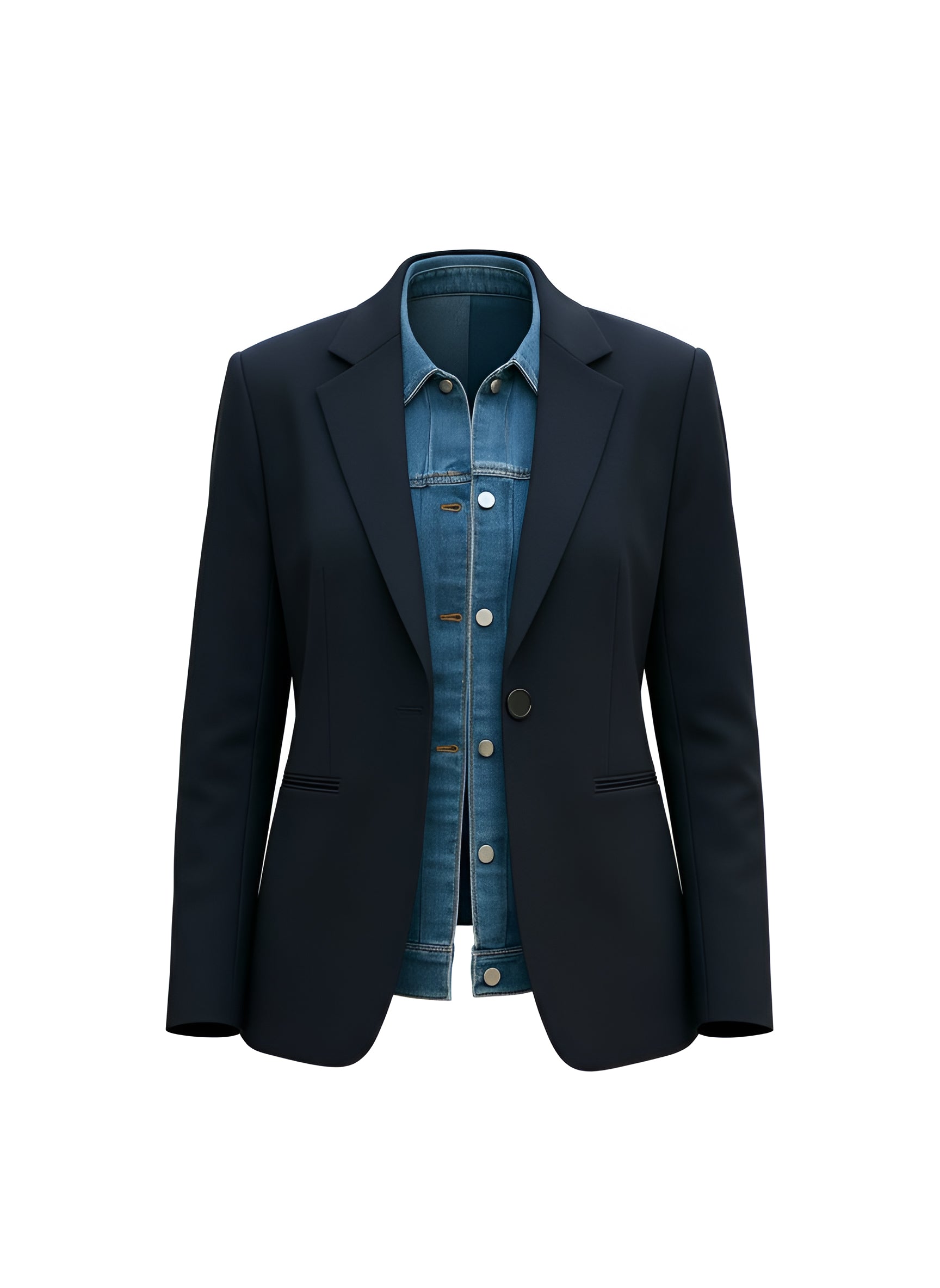 Denim Versa Panel — women’s denim layering insert for blazers and jackets.